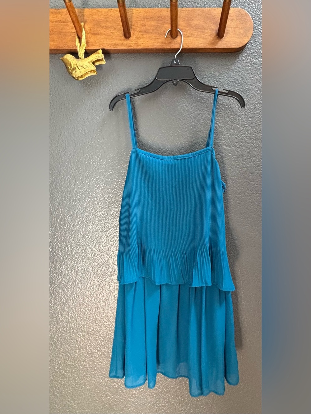 🦚 PETTICOAT ALLEY Teal Pleated Tiered Spaghetti Strap Mini Dress, Art deco